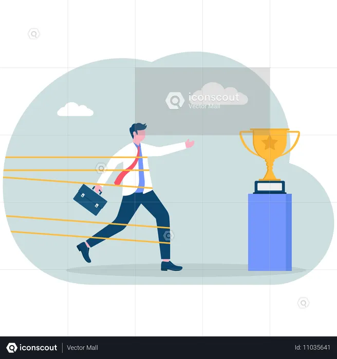 Businessman tied up with tape and heading to grab trophy  Illustration