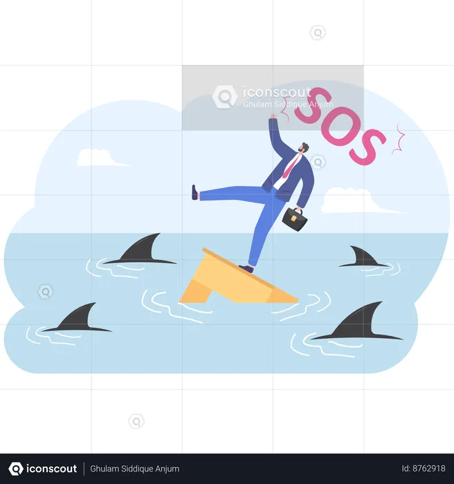 Businessman to send sos signal for help from the shark pool  Illustration