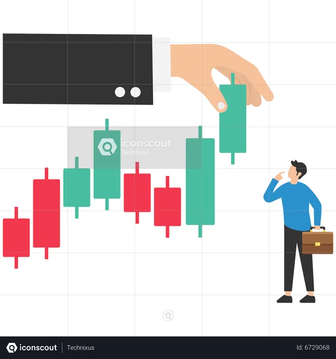 Businessman trader thinking while analyse green graph with fishing bait  Illustration