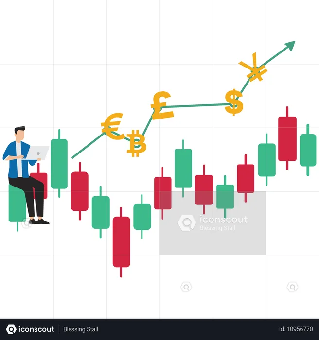 Businessman trading on graph with currency symbols  Illustration