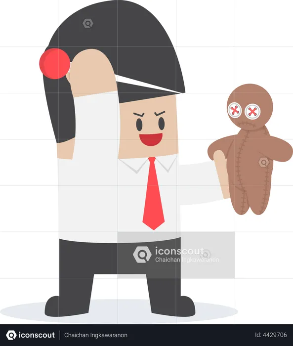 Businessman try to prick needle into a voodoo doll  Illustration