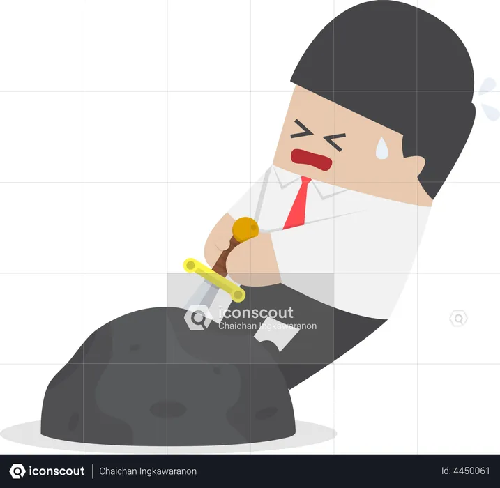 Businessman try to pull sword from stone  Illustration