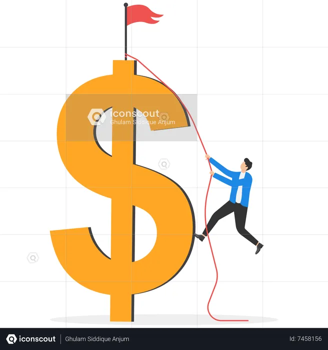 Businessman trying hard climbing rope to reach top of money  Illustration