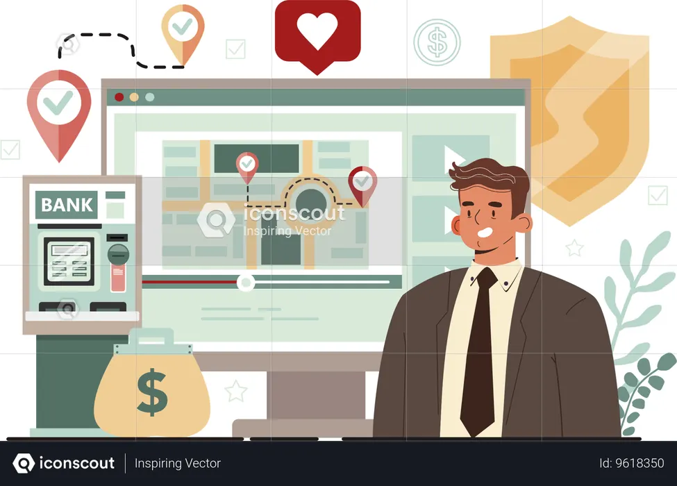Businessman trying to find bank location  Illustration