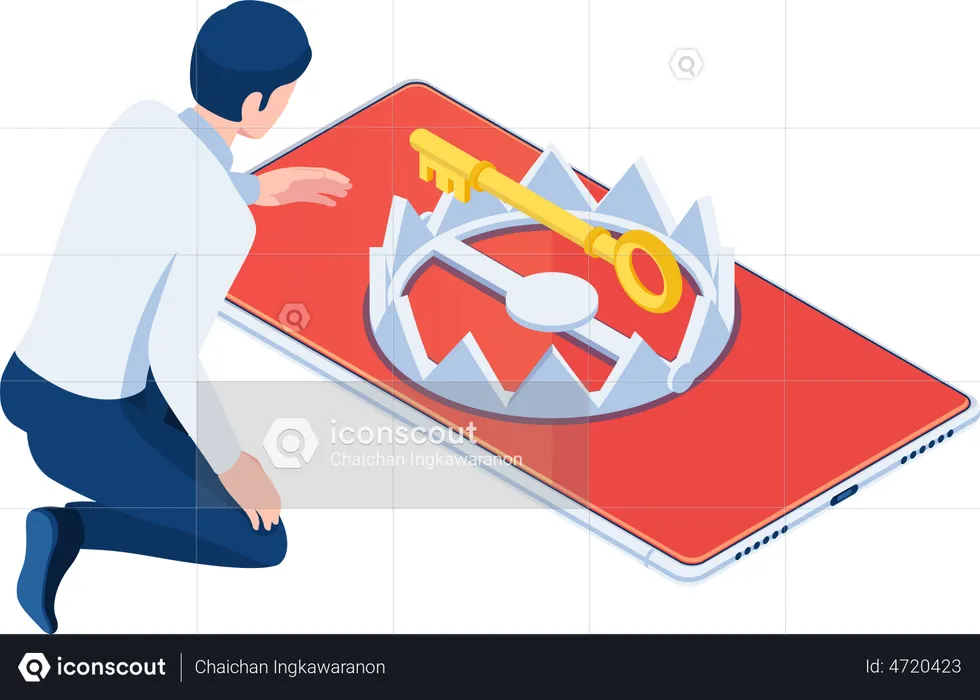 Businessman trying to get golden key from trap  Illustration
