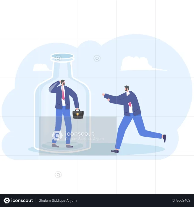 Businessman trying to help partner trapped inside bottle out through  Illustration