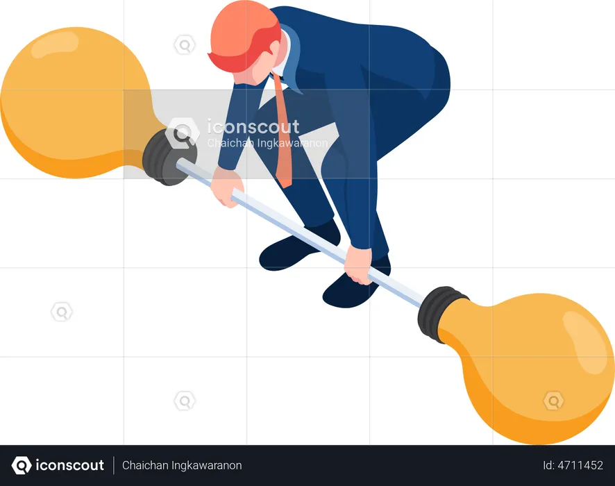 Businessman trying to lift idea barbell weight up  Illustration