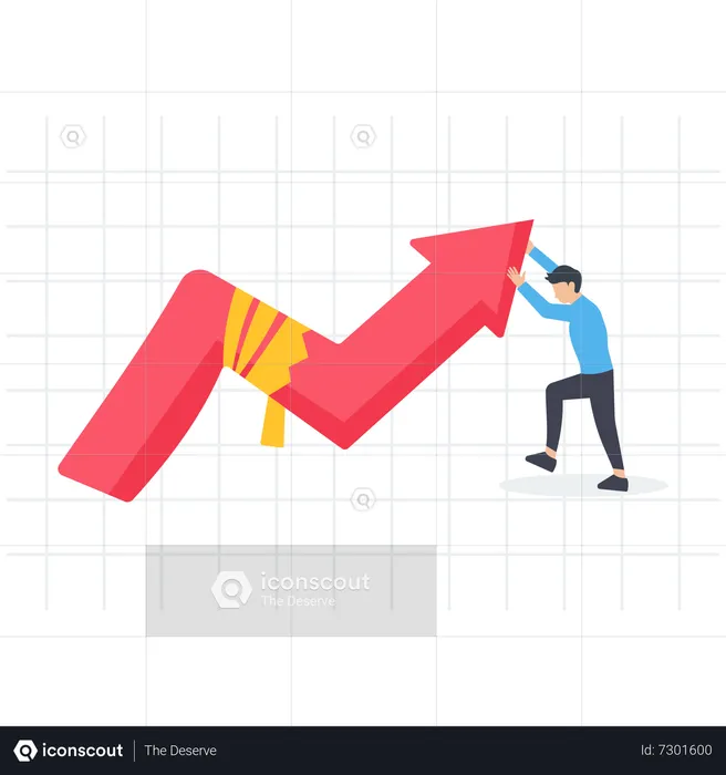 Businessman trying to push arrow graph to point up from stock market crisis  Illustration