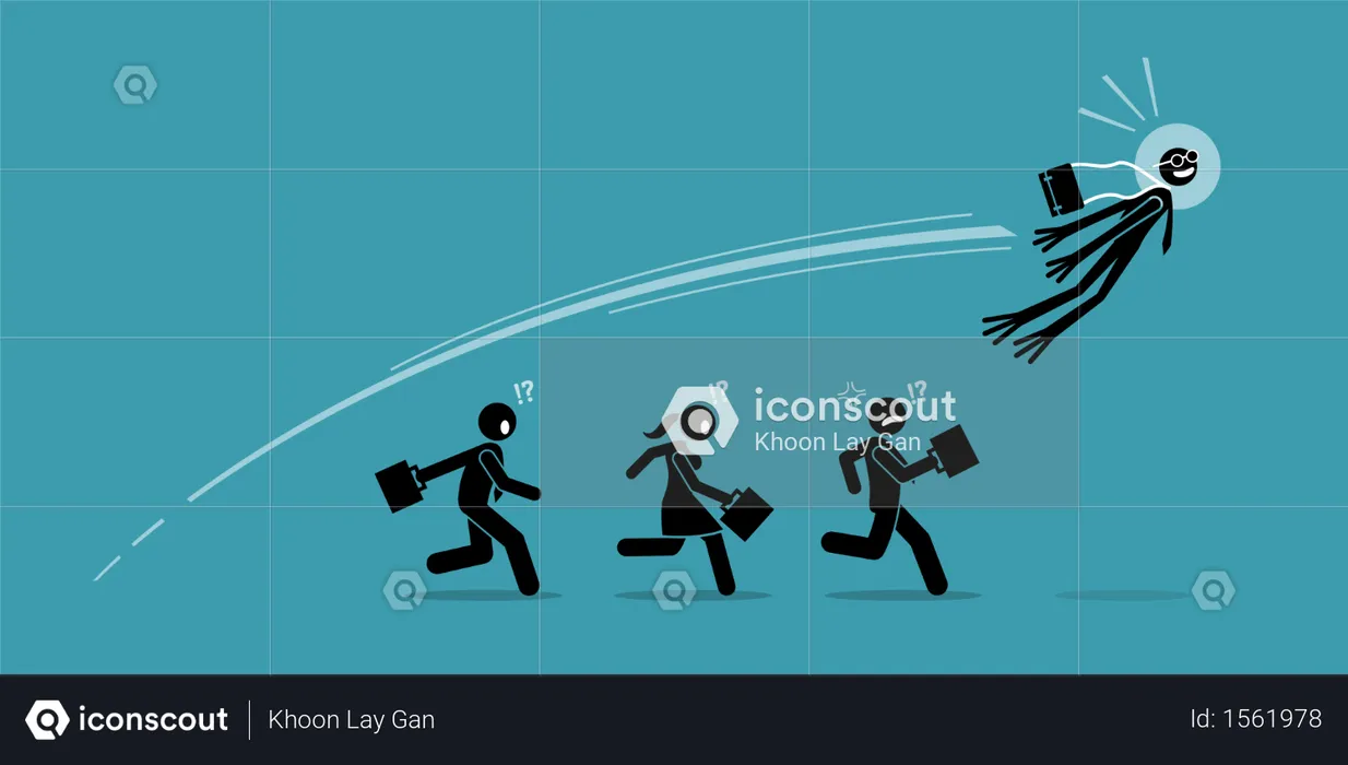 Businessman turns into frog and jump over all his competitors in one leap  Illustration