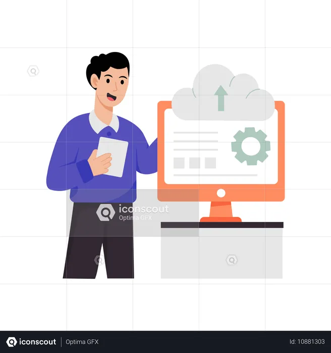 クラウド設定をアップロードするビジネスマン  イラスト