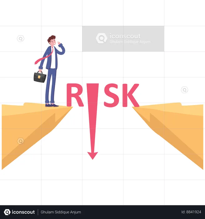 Businessman upset on the word risk over precipice  Illustration