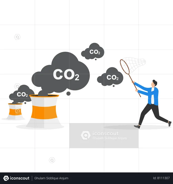 Businessman use a butterfly net to catch gas carbon dioxide symbols  Illustration
