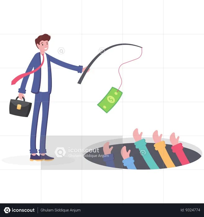 Businessman use banknote for fishing man in hole  Illustration