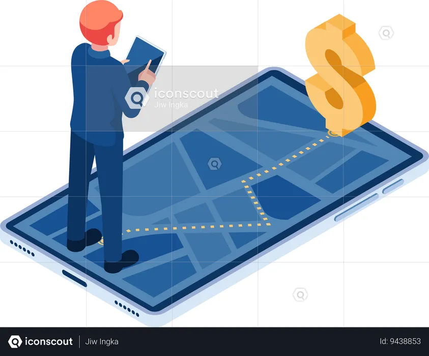 Businessman Use Gps Navigation to Track Money  Illustration