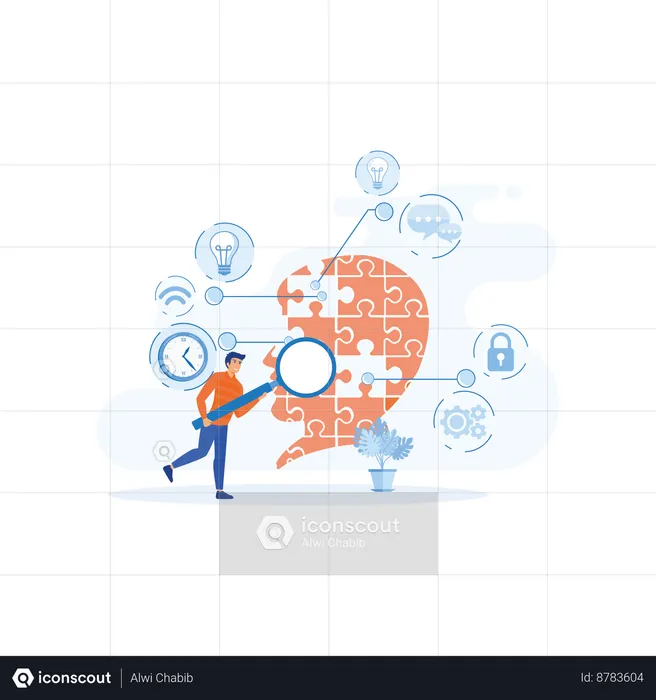 Businessman use magnifying search missing puzzle and surrounding  Illustration