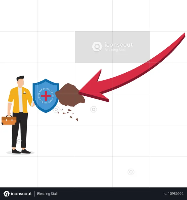 Businessman use protective shield to withstand the blow of boulder from declining graph  Illustration