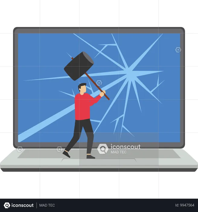 Businessman use sledgehammers and break computer  Illustration