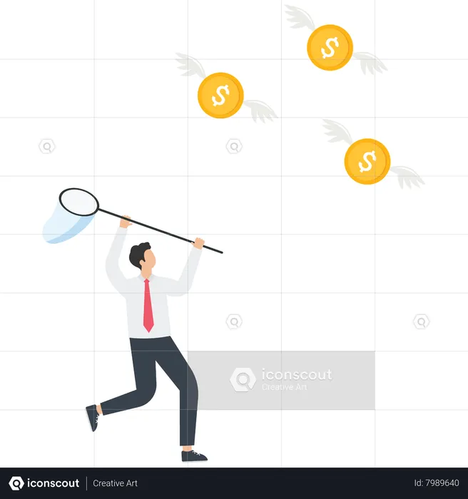 Businessman uses a butterfly net to catch a US dollar coin  Illustration
