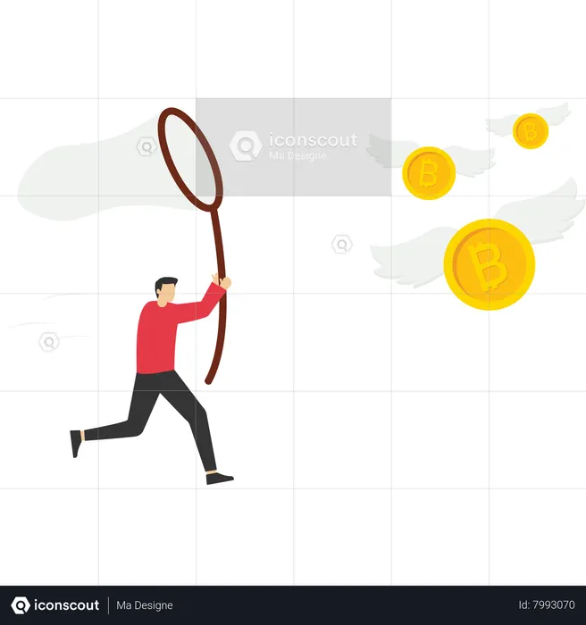 Businessman uses a butterfly net to catch bitcoin  Illustration
