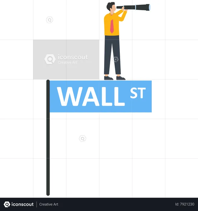 Businessman uses a handheld telescope on a Wall Street sign  Illustration