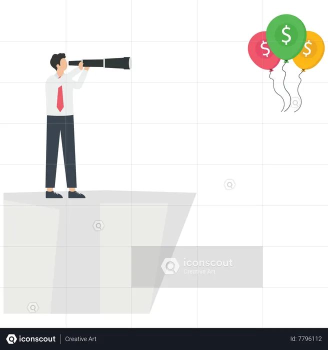 Businessman uses a handheld telescope to find a dollar balloon  Illustration