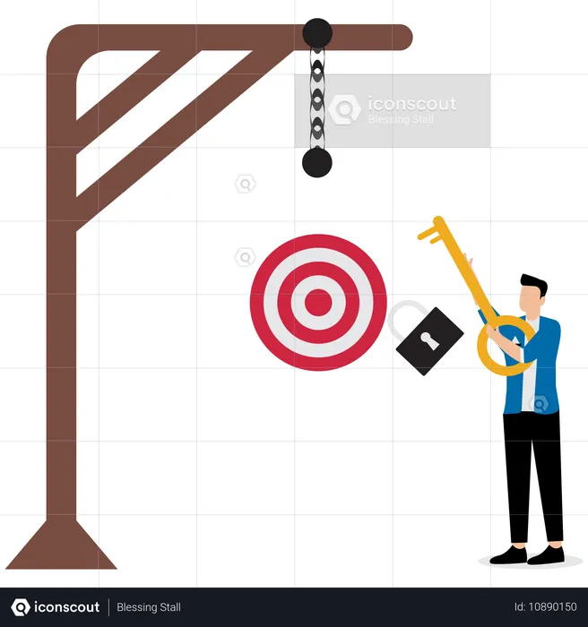 ビジネスマンが鍵を使って檻の中に閉じ込められた標的を開ける  イラスト