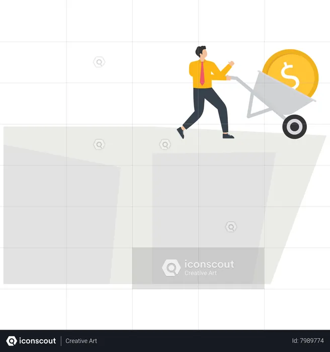 Businessman uses a push cart to leave a Us dollar coin at a cliff  Illustration