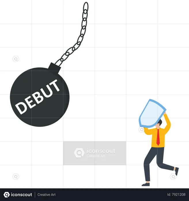 Businessman uses a shield to protect from a debt burden  Illustration