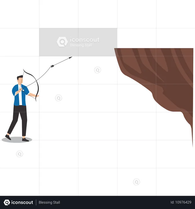 ビジネスマンは矢を使ってロープを崖に引っ掛け、崖を越える  イラスト