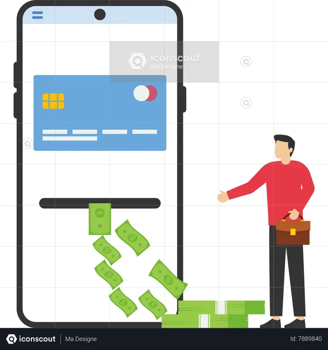 Businessman using a credit card is converted to money over the phone  Illustration