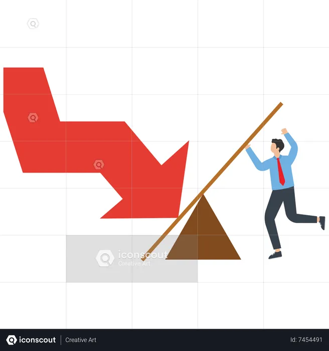 Businessman using a lever to try to change the direction of a falling arrow  Illustration