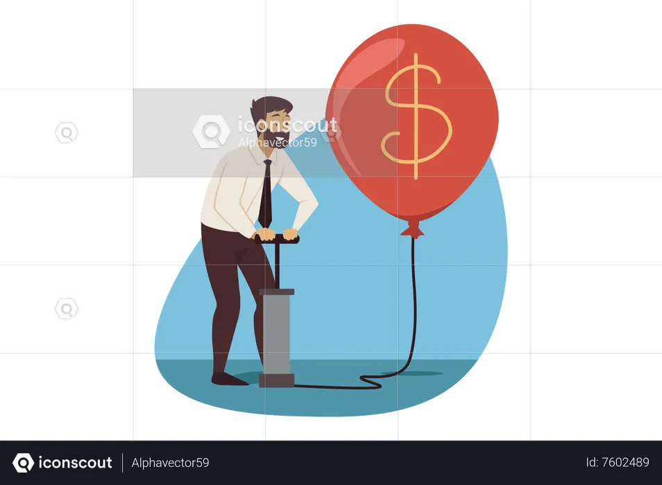 Businessman using air pump filling air in dollar ballon  Illustration