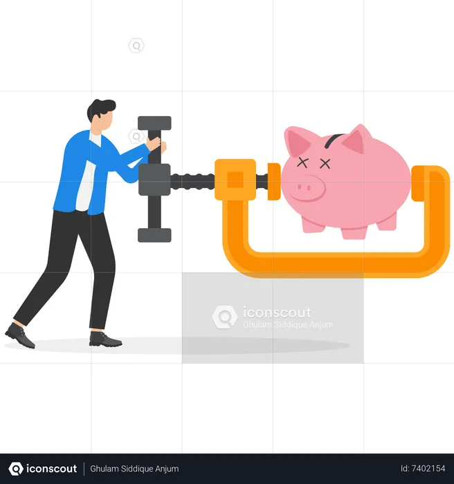 Businessman Using Clamp To Squeeze Saving Pink Piggy Bank  Illustration