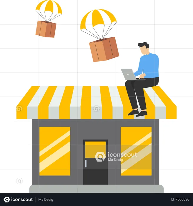 Businessman using computer with flying parachute drop ship package delivery  Illustration
