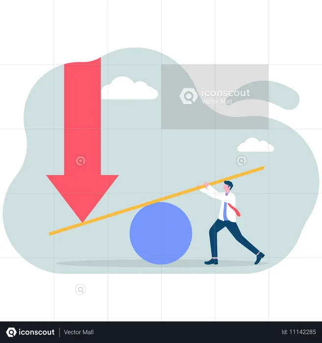 Businessman using lever to try to change direction of falling arrow  Illustration