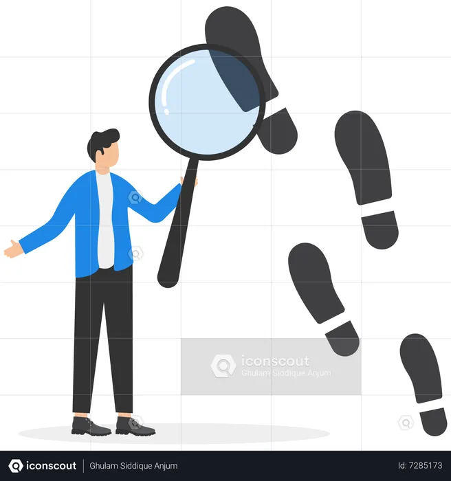 Businessman using magnifying glass investigating bigger foot steps  Illustration