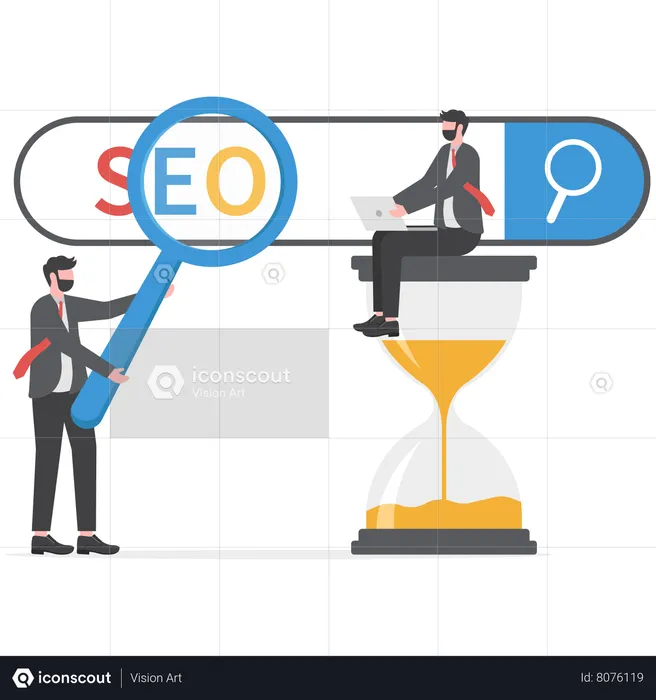 Businessman using magnifying glass searching Seo  Illustration