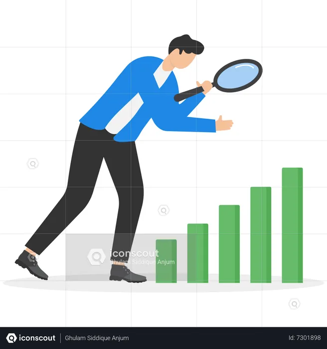 Businessman using magnifying glass to analyze graph finance  Illustration