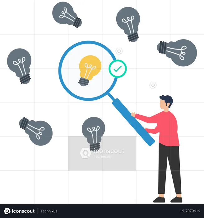 Businessman using magnifying glass with light bulb  Illustration