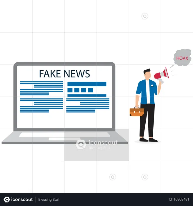 メガホンを使ってフェイクニュースを伝えるビジネスマン  イラスト