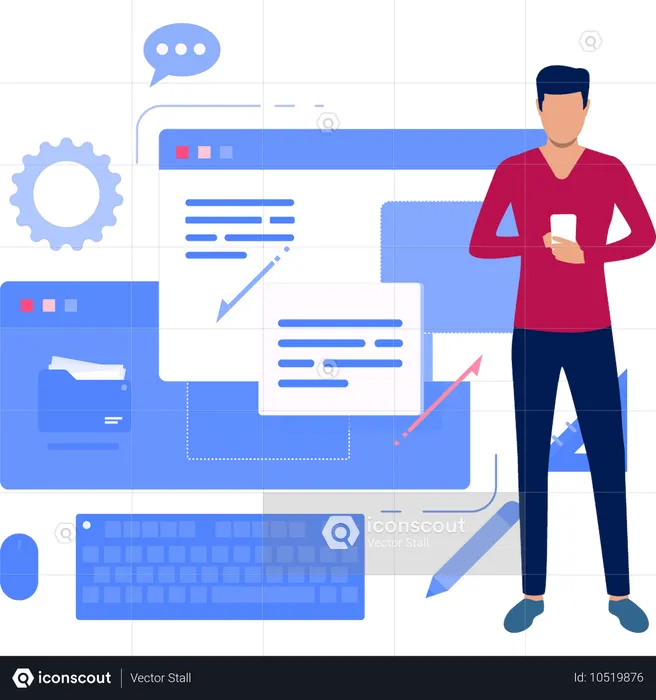 Businessman using mobile while doing webpage programming  Illustration