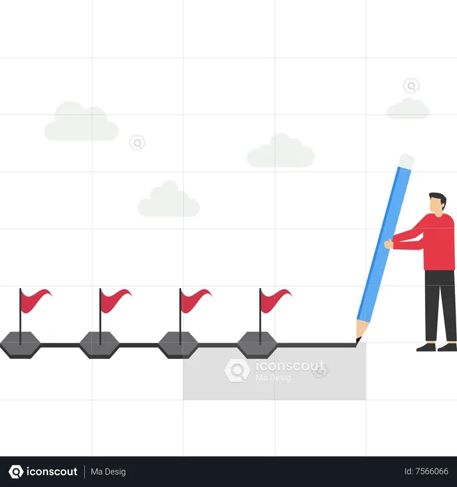 Businessman using pencil to draw workflow lines with milestone achievement flags  Illustration