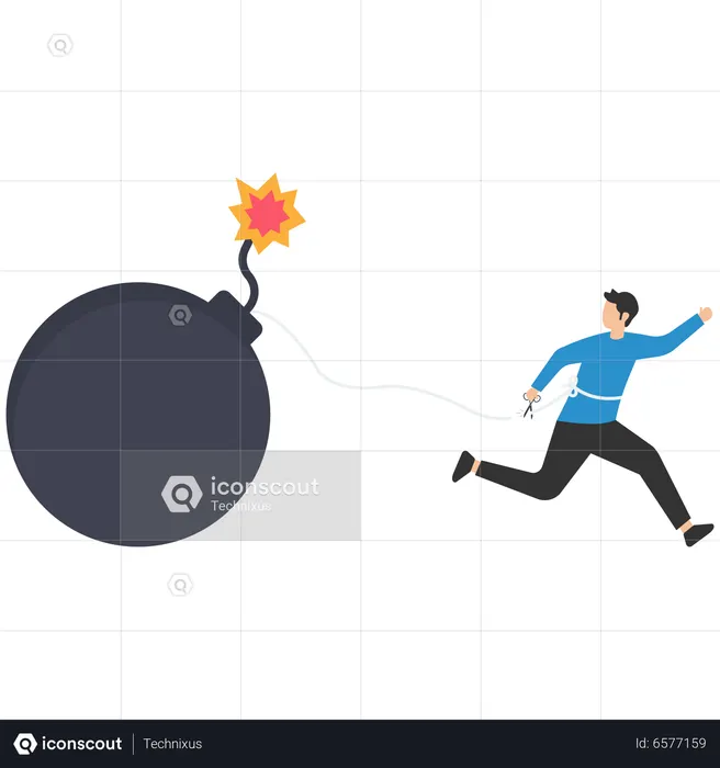 Businessman Using Scissor To Cut The Rope Tie Himself And Running From Bomb  Illustration