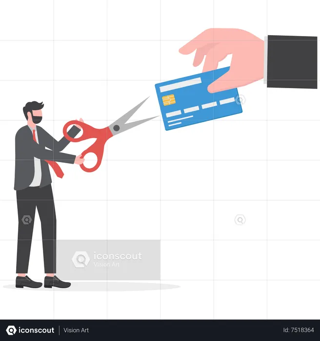 Businessman using scissors to cut credit card  Illustration