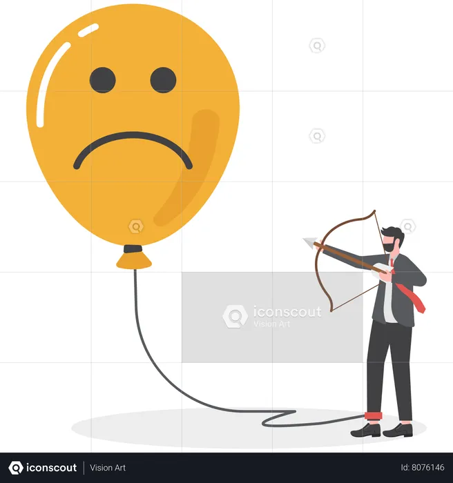 Businessman using scissors to cut rope on anchoring balloon between Positive thoughts shift from feeling sad Optimism and the power of mind to change mood, behavior  Illustration