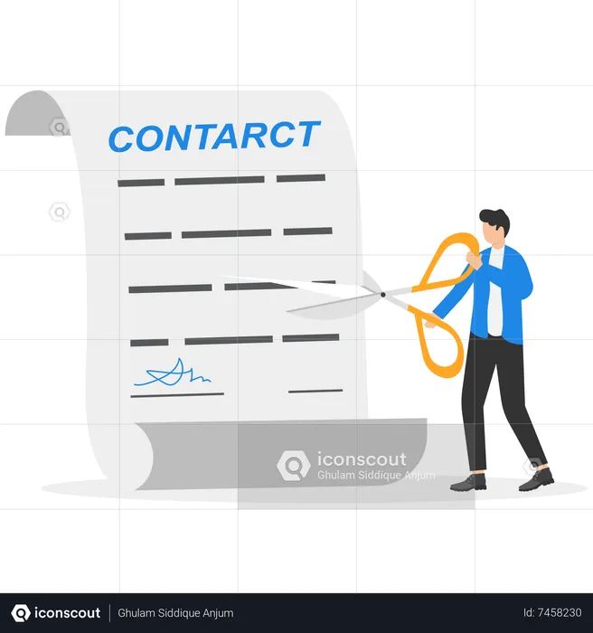 Businessman using sword to cut agreement contract document apart  Illustration
