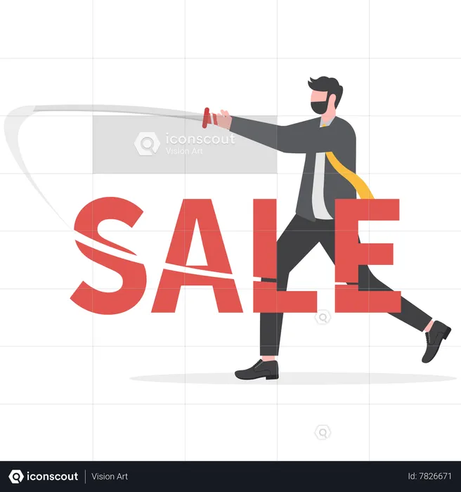 Businessman using sword to slash cut the word sale  Illustration