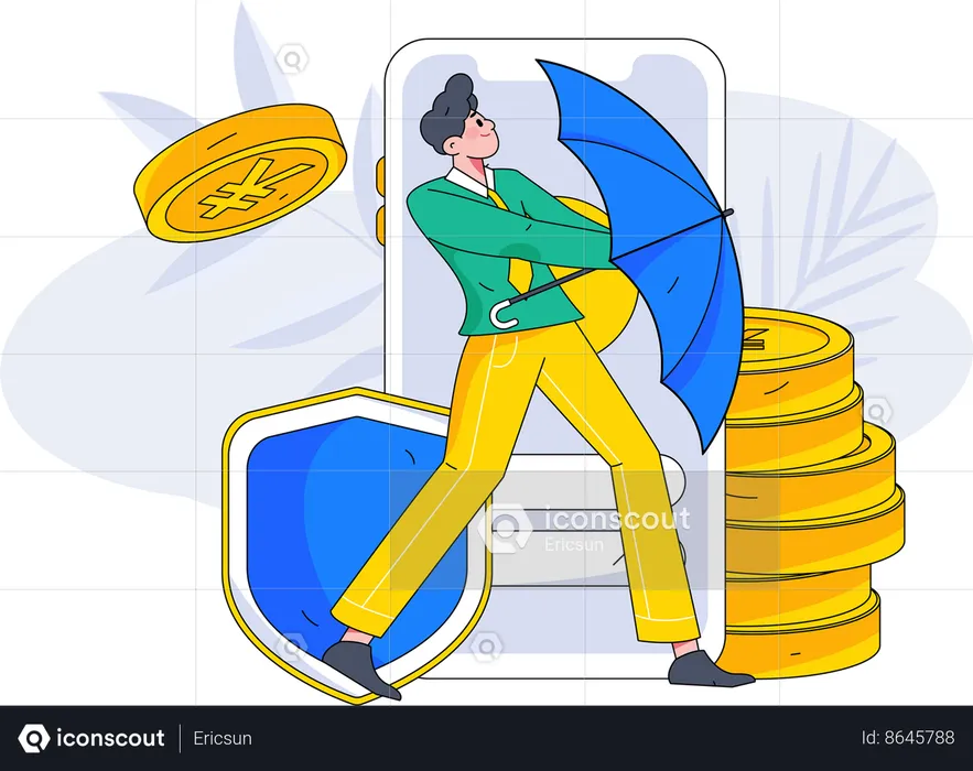 Businessman using umbrella to save funds  Illustration