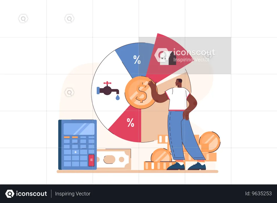 Businessman views at expense piechart  Illustration