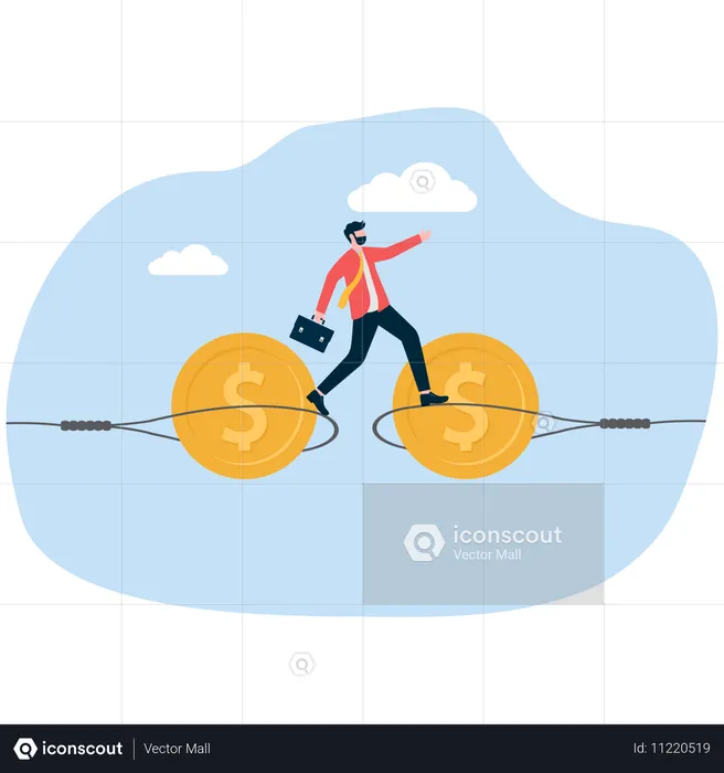 ビジネスマンは金銭を狙う投げ縄の罠の中を慎重に歩いた  イラスト
